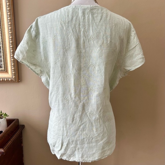 CP Shades Irish Linen Short Sleeve Top Blouse V-Neck Light Green Embroidered L - Picture 4 of 8